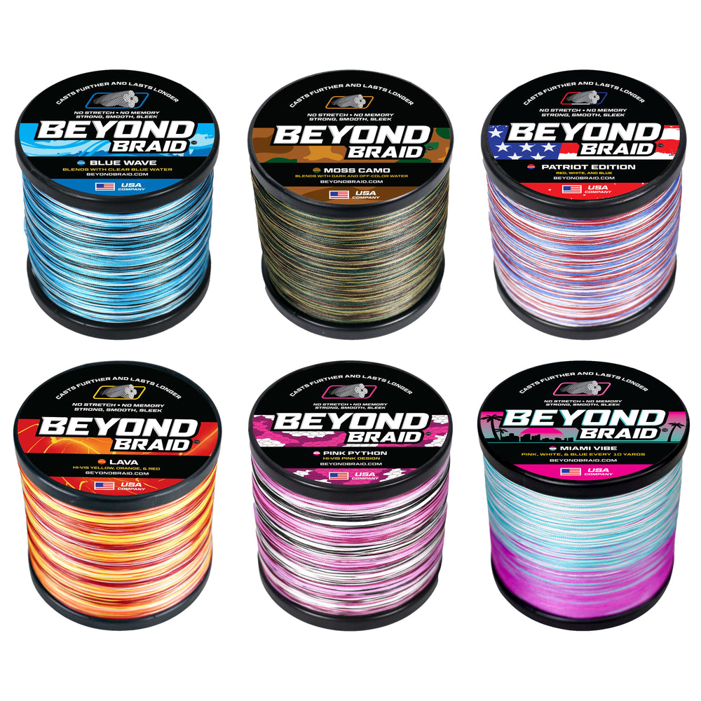 Beyond Braid 4X Strand Braid in six colors: Blue Wave, Moss Camo, Patriot Edition, Lava, Pink Python, Miami Vibe
