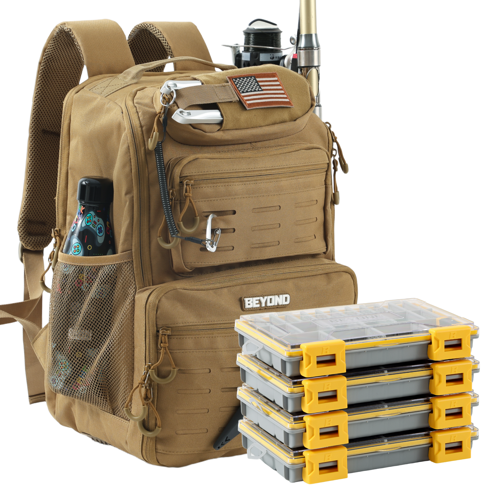Beyond Fishing Tackle Backpack with Rod Holders, 40L Water-Resistant Canvas, MOLLE System & Plier Slot – With or Without 3600 Tackle Boxes, Black or Tan