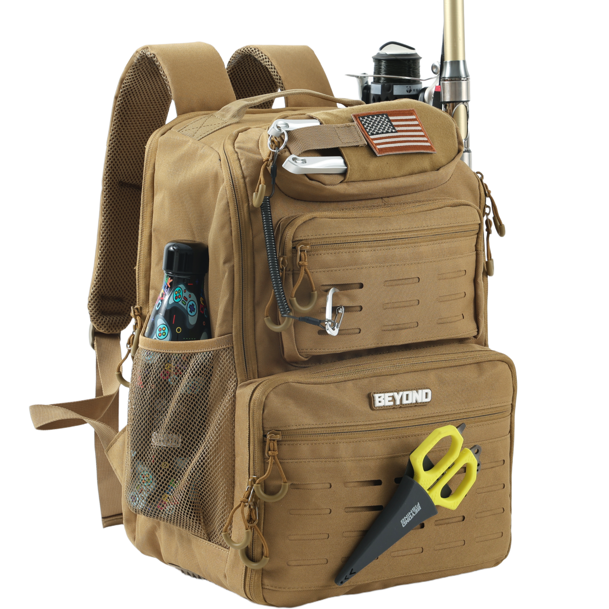 Beyond Fishing Tackle Backpack with Rod Holders, 40L Water-Resistant Canvas, MOLLE System & Plier Slot – With or Without 3600 Tackle Boxes, Black or Tan