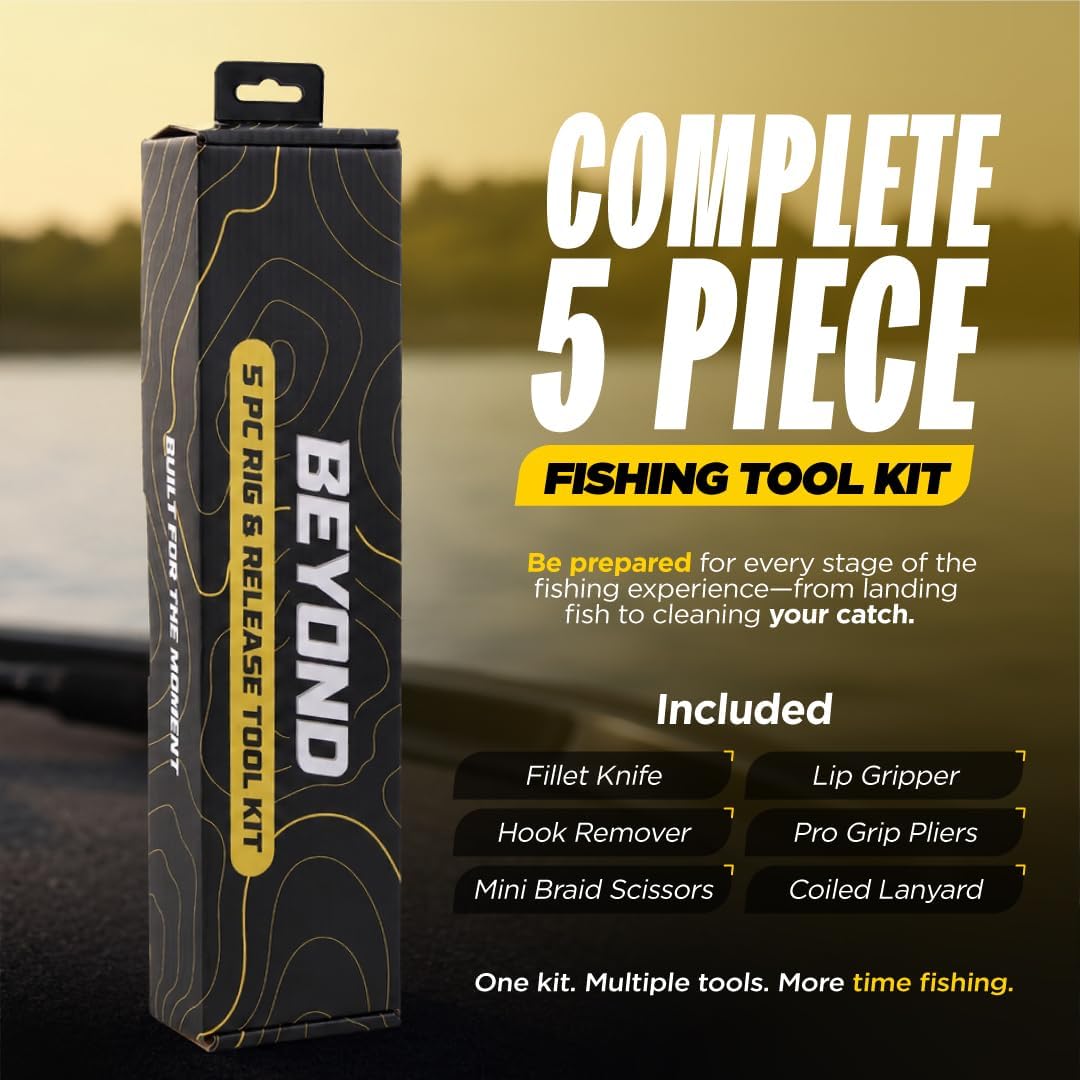 Beyond Braid Fishing 5-Piece Fishing Tool Kit - Pliers, Fillet Knife, Hook Remover, Lip Gripper, and Braid Scissors