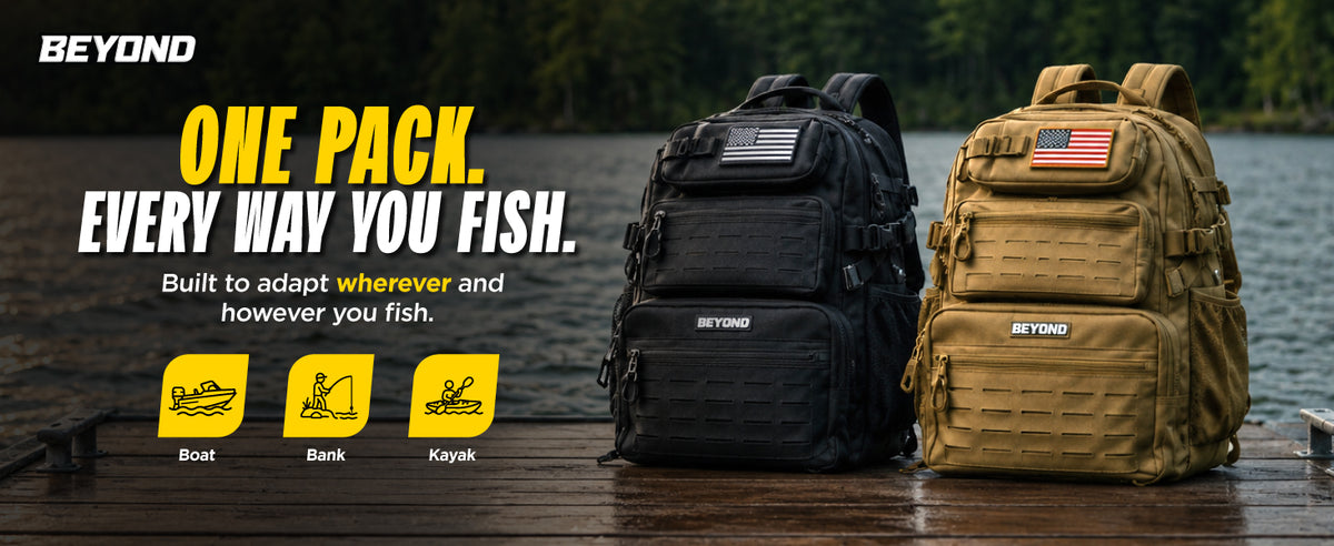 Beyond Fishing Tackle Backpack with Rod Holders, 40L Water-Resistant Canvas, MOLLE System & Plier Slot – With or Without 3600 Tackle Boxes, Black or Tan