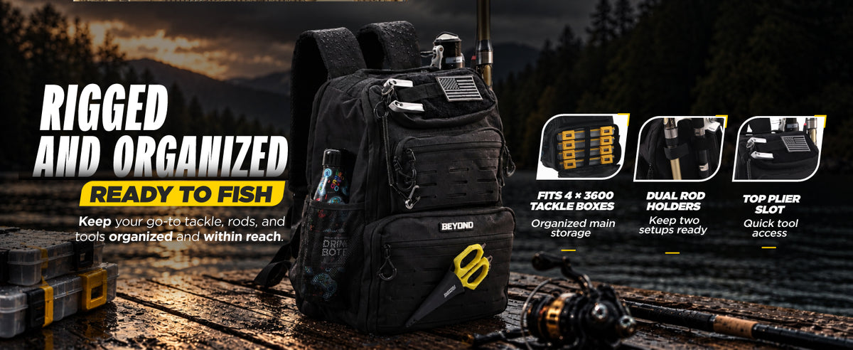 Beyond Fishing Tackle Backpack with Rod Holders, 40L Water-Resistant Canvas, MOLLE System & Plier Slot – With or Without 3600 Tackle Boxes, Black or Tan