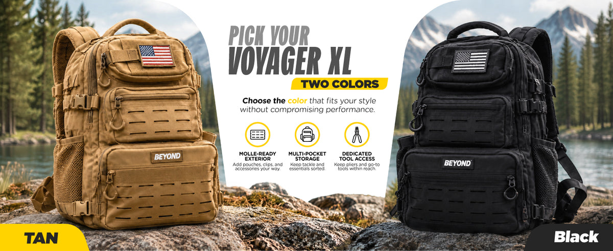 Beyond Fishing Tackle Backpack with Rod Holders, 40L Water-Resistant Canvas, MOLLE System & Plier Slot – With or Without 3600 Tackle Boxes, Black or Tan