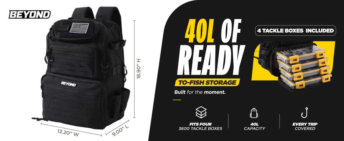 Beyond Fishing Tackle Backpack with Rod Holders, 40L Water-Resistant Canvas, MOLLE System & Plier Slot – With or Without 3600 Tackle Boxes, Black or Tan