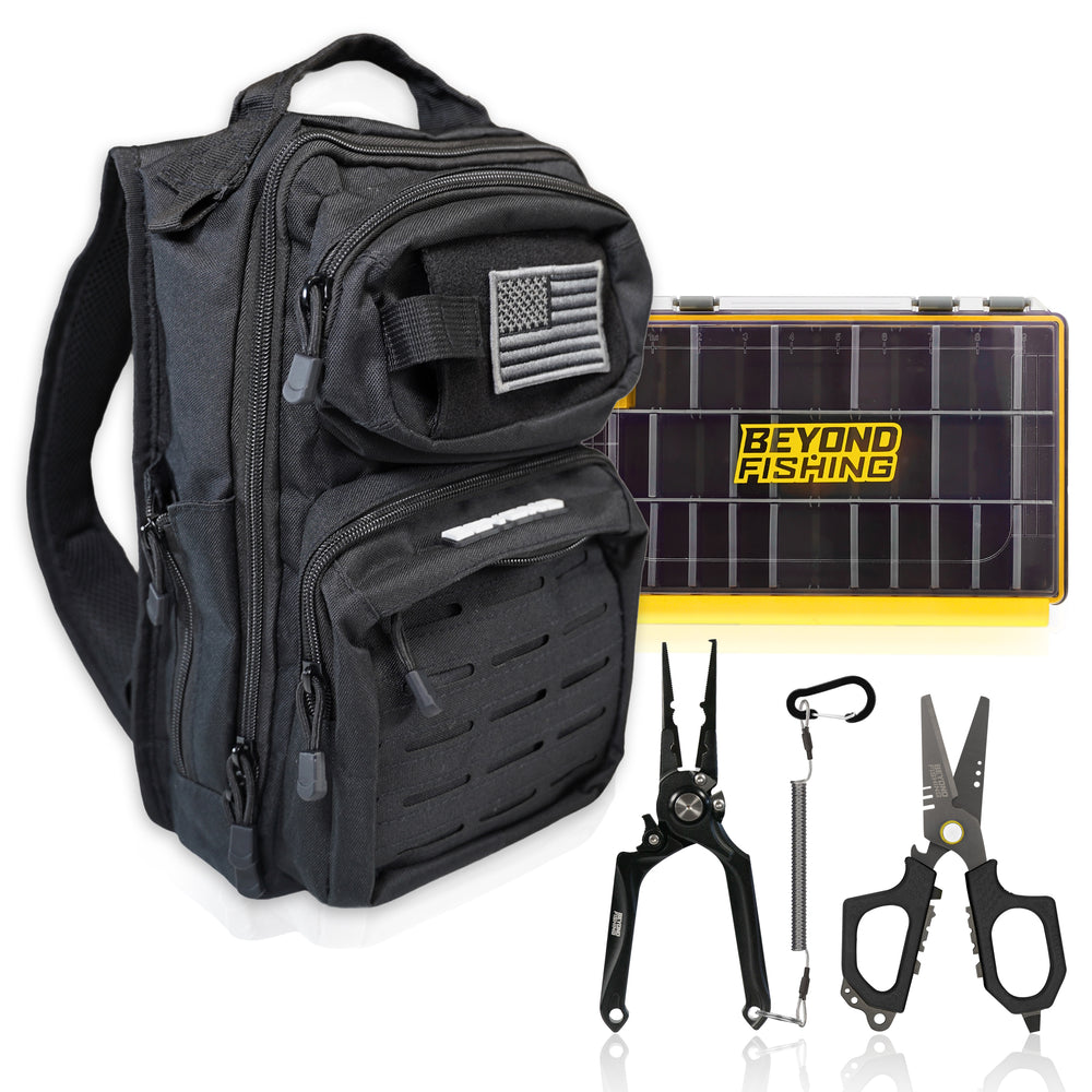 Beyond Braid Ultimate Tackle Bundle – All Black Tackle Backpack, 6.5" Pro Fishing Shears, 8" Multifunctional Pliers & One 3600 Tackle Box for Serious Anglers