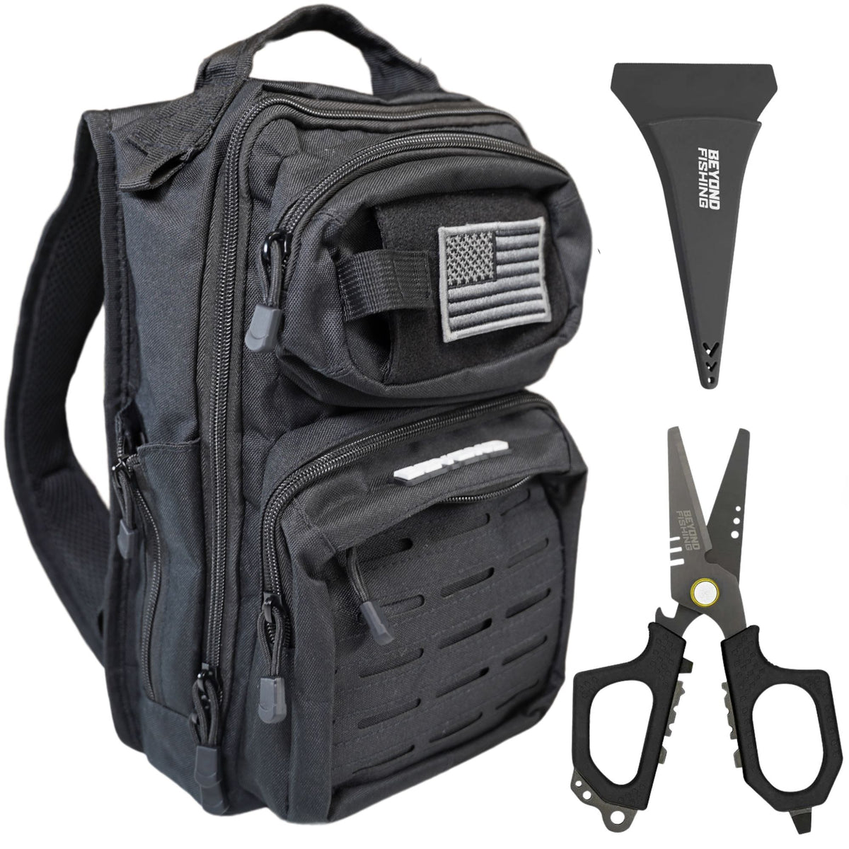 fishing tackle book bag Beyond Braid Ultimate Bundle – All Black Voyager Tackle Backpack & 6.5" Black Pro Fishing Shears for Serious Anglers Yellow