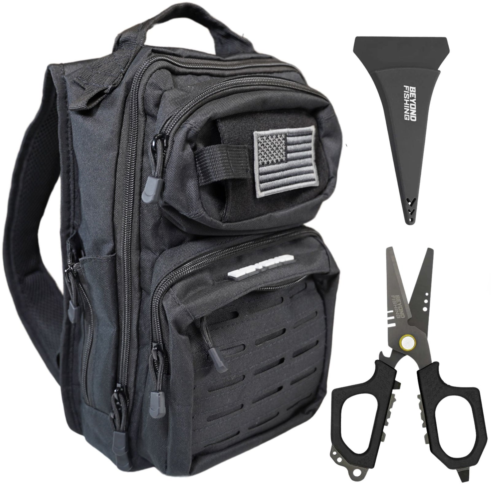 Beyond Braid Ultimate Bundle – All Black Voyager Tackle Backpack & 6.5" Black Pro Fishing Shears for Serious Anglers