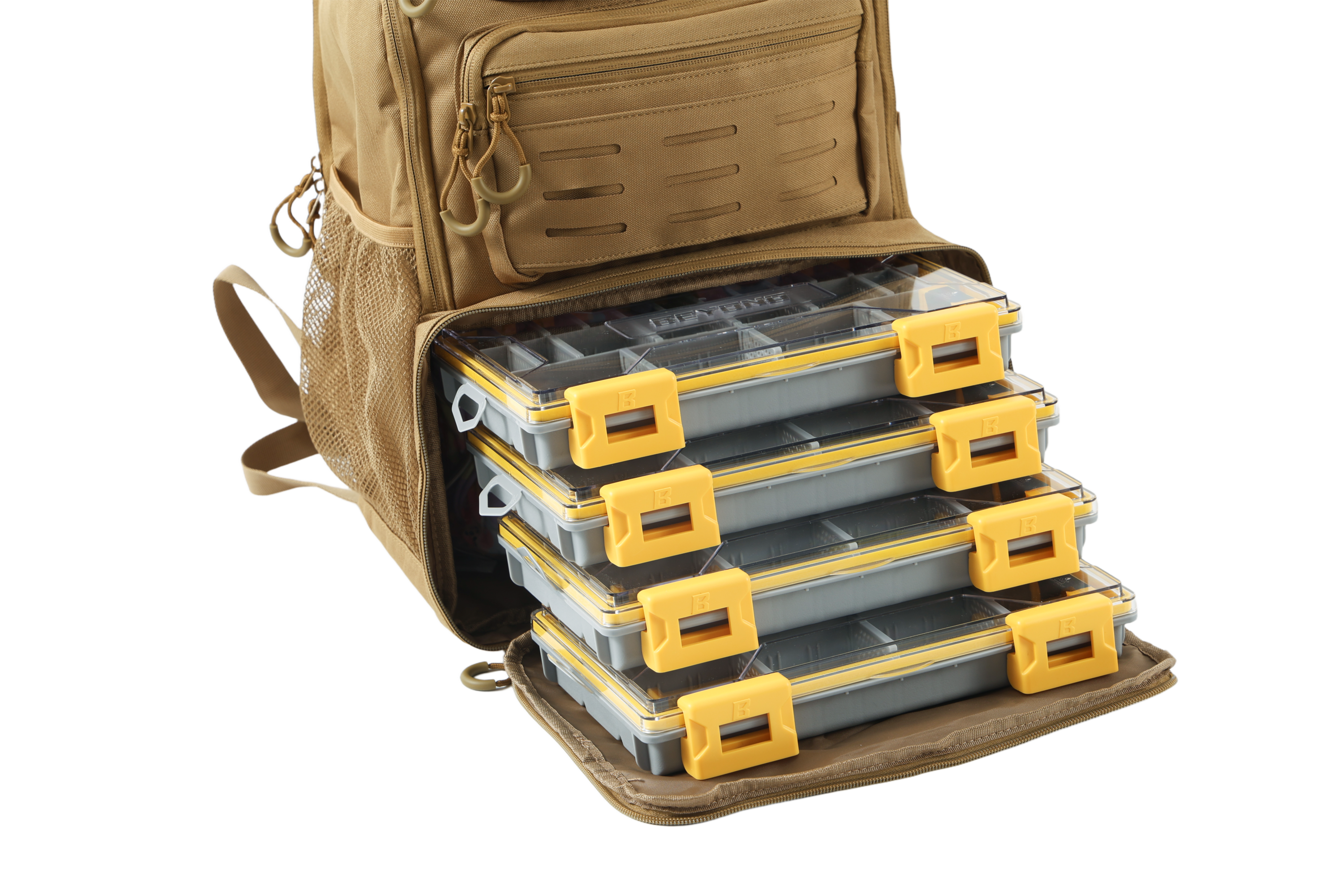 Beyond Fishing Tackle Backpack with Rod Holders, 40L Water-Resistant Canvas, MOLLE System & Plier Slot – With or Without 3600 Tackle Boxes, Black or Tan