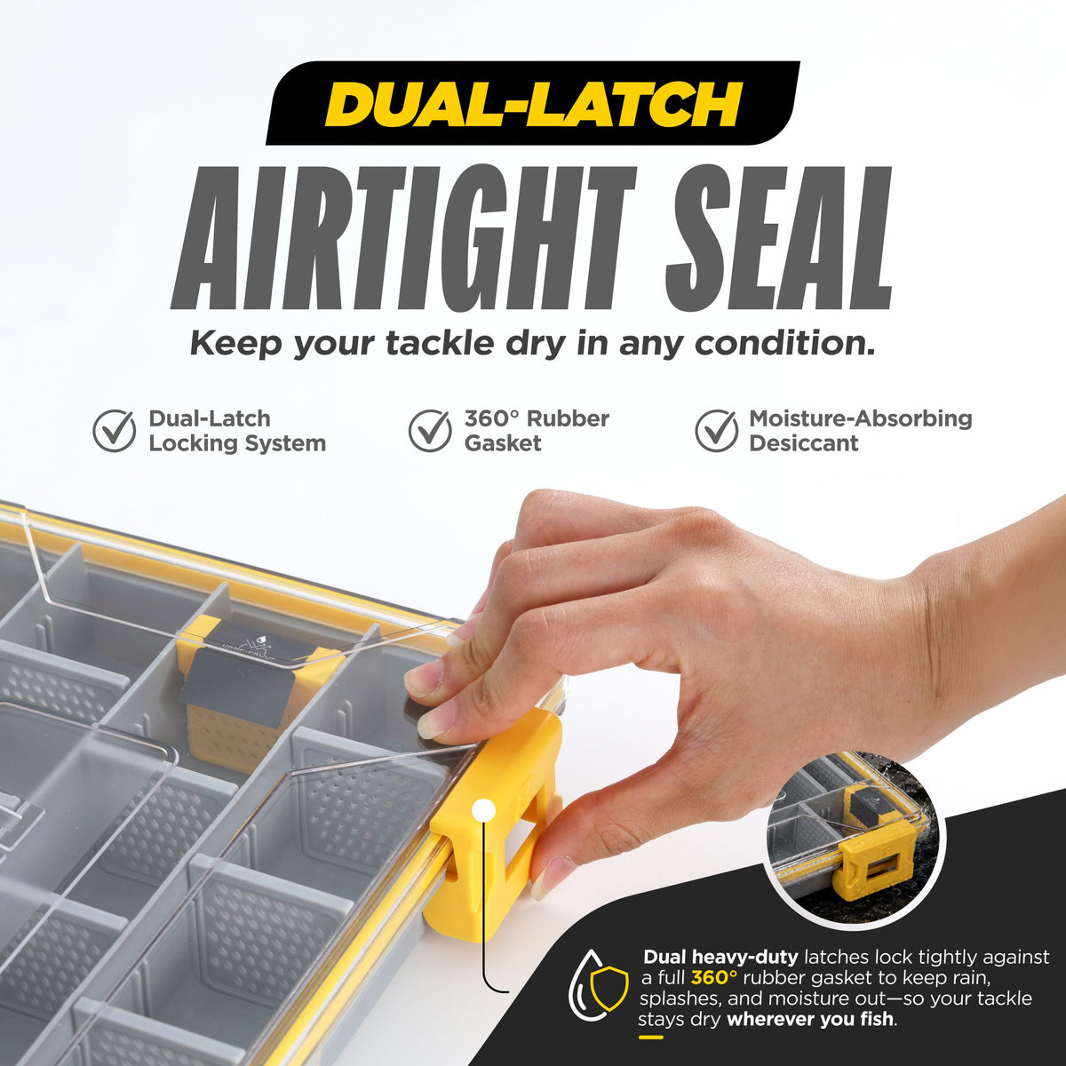 Beyond Fishing DryLock Waterproof Tackle Box, Watertight 3600 &amp; 3700 Tackle Trays with Dual-Latch Seal, Adjustable Removable Dividers &amp; Anti-Rust Desiccant, Lure &amp; Terminal Tackle Organizer