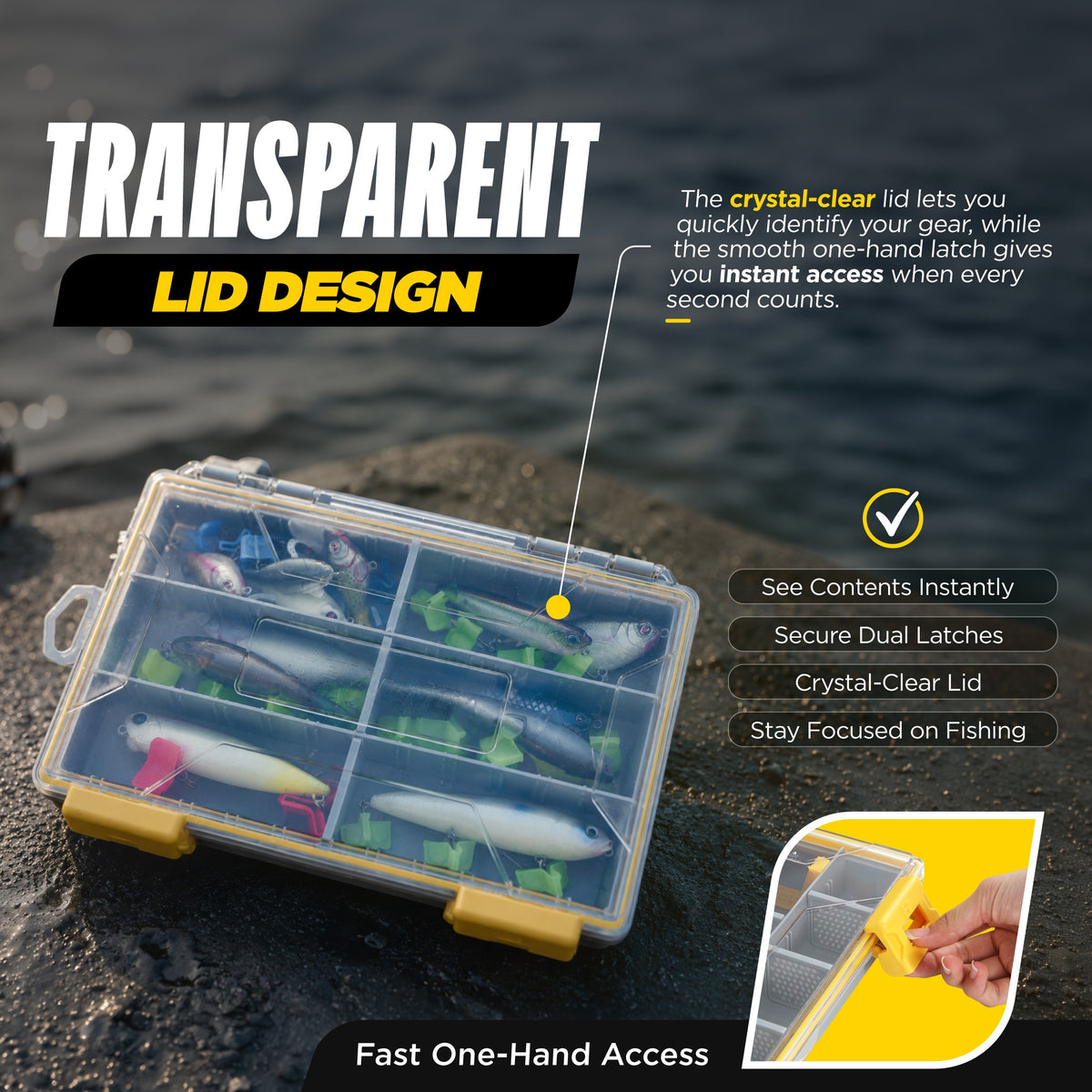 Beyond Fishing DryLock Waterproof Tackle Box, Watertight 3600 &amp; 3700 Tackle Trays with Dual-Latch Seal, Adjustable Removable Dividers &amp; Anti-Rust Desiccant, Lure &amp; Terminal Tackle Organizer