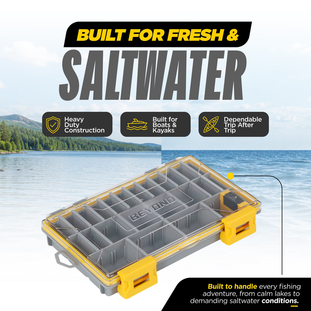 Beyond Fishing DryLock Waterproof Tackle Box, Watertight 3600 &amp; 3700 Tackle Trays with Dual-Latch Seal, Adjustable Removable Dividers &amp; Anti-Rust Desiccant, Lure &amp; Terminal Tackle Organizer