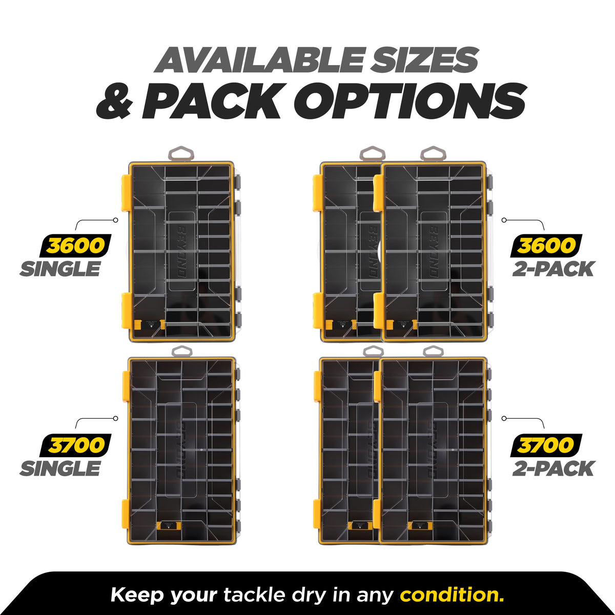Beyond Fishing DryLock Waterproof Tackle Box, Watertight 3600 &amp; 3700 Tackle Trays with Dual-Latch Seal, Adjustable Removable Dividers &amp; Anti-Rust Desiccant, Lure &amp; Terminal Tackle Organizer