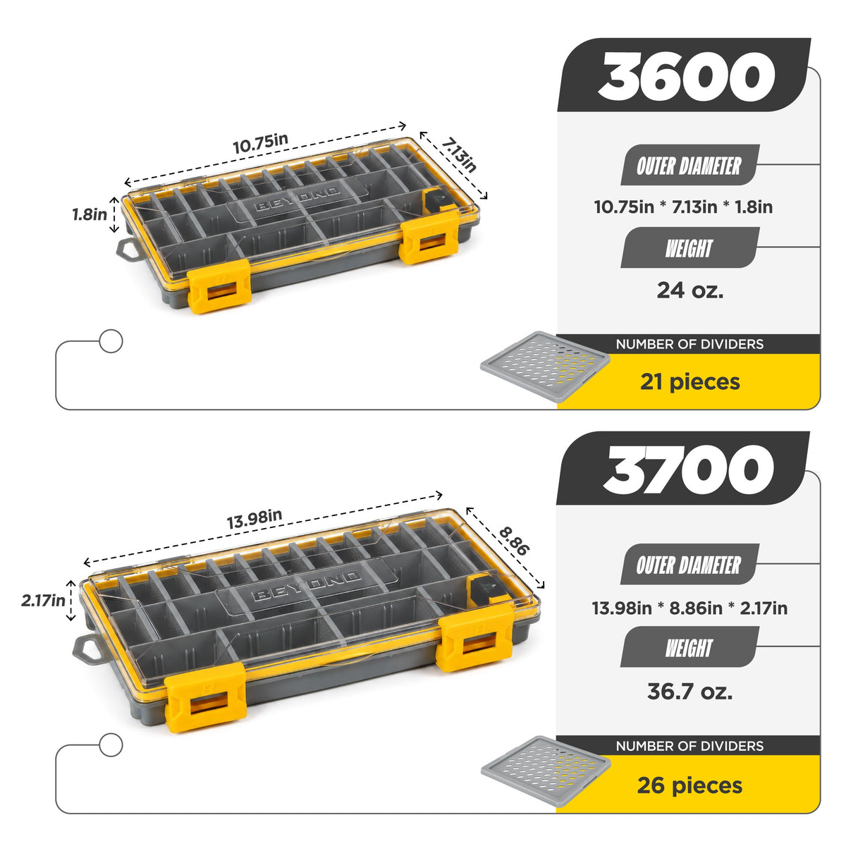 Beyond Fishing DryLock Waterproof Tackle Box, Watertight 3600 &amp; 3700 Tackle Trays with Dual-Latch Seal, Adjustable Removable Dividers &amp; Anti-Rust Desiccant, Lure &amp; Terminal Tackle Organizer