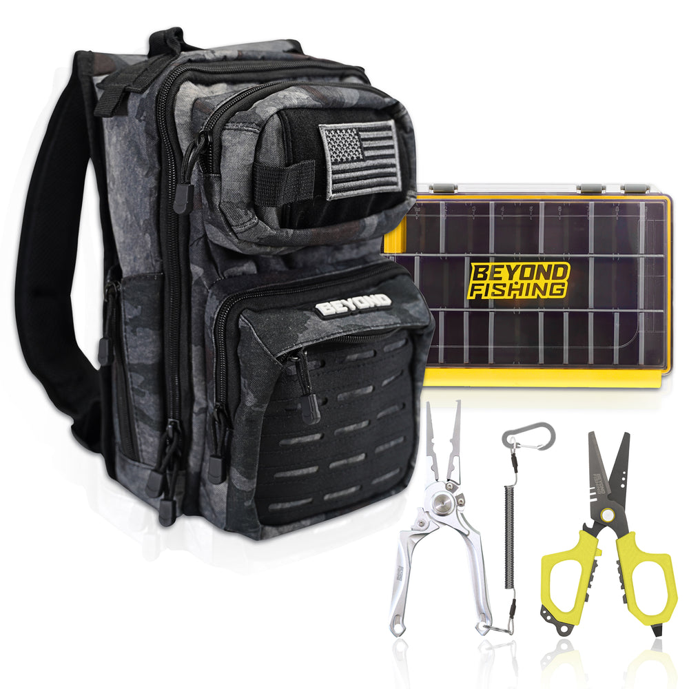 Beyond Braid Ultimate Tackle Bundle – Black Oynx Tackle Backpack, 6.5" Pro Fishing Shears, 8" Multifunctional Pliers & One 3600 Tackle Box for Serious Anglers