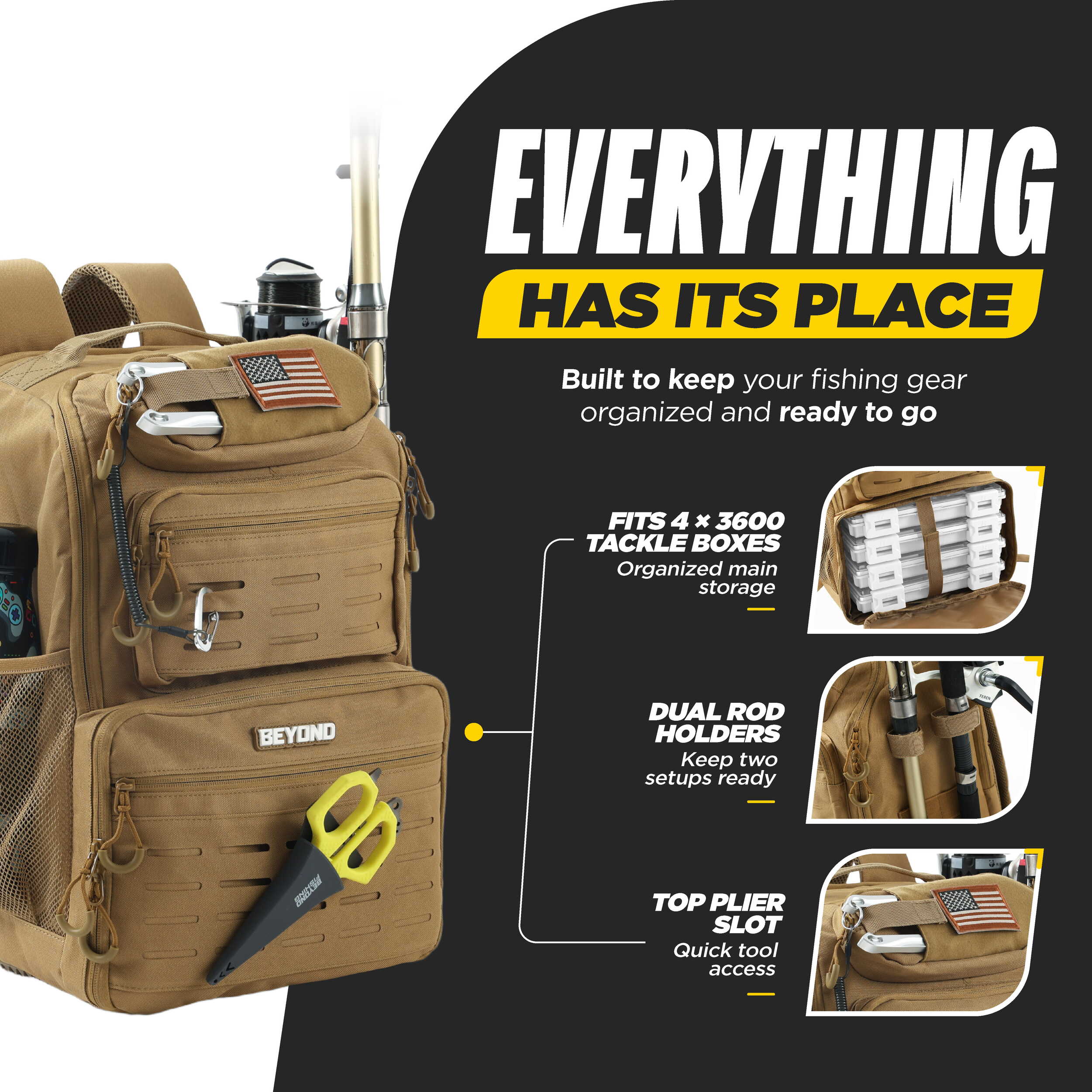 Beyond Fishing Tackle Backpack with Rod Holders, 40L Water-Resistant Canvas, MOLLE System & Plier Slot – With or Without 3600 Tackle Boxes, Black or Tan