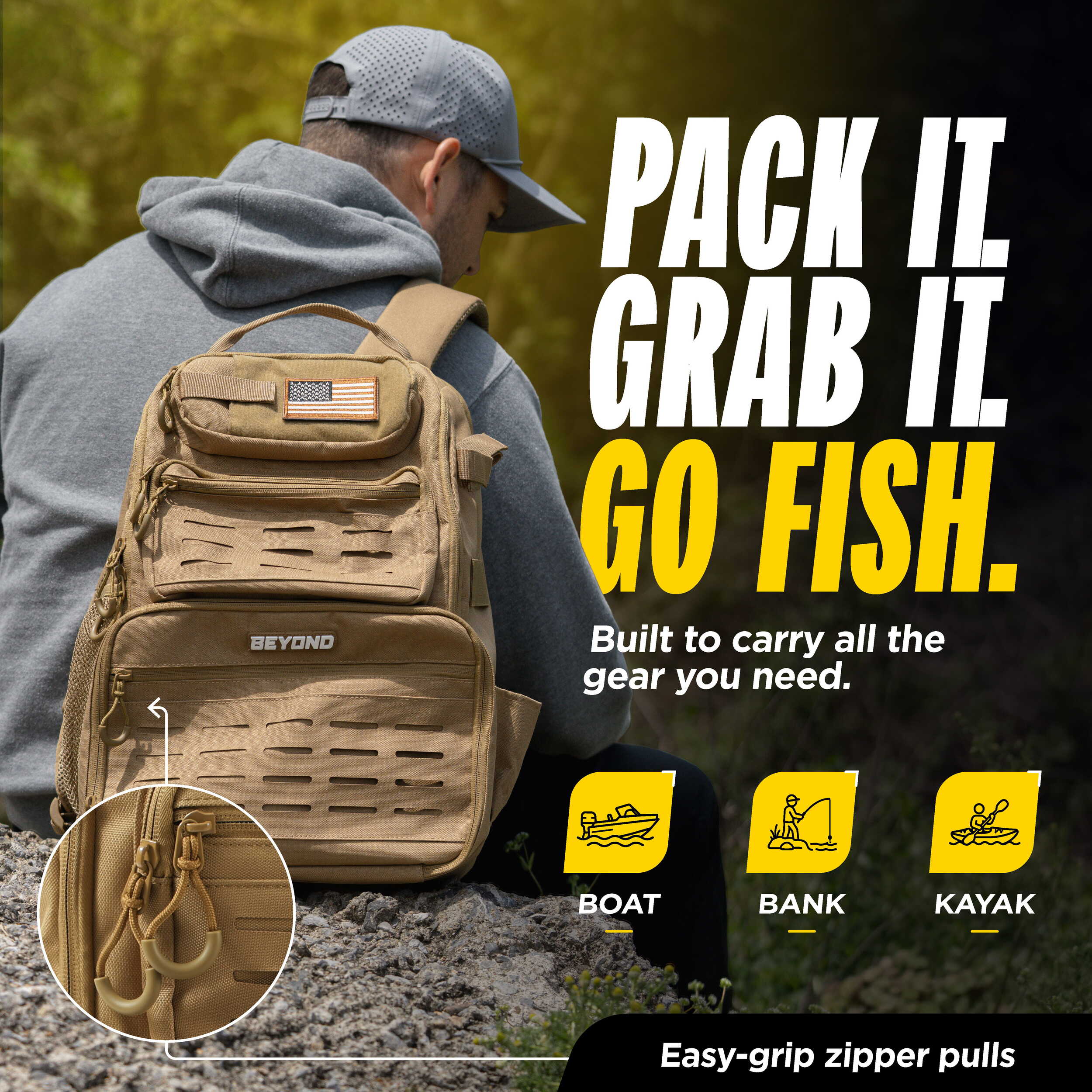 Beyond Fishing Tackle Backpack with Rod Holders, 40L Water-Resistant Canvas, MOLLE System & Plier Slot – With or Without 3600 Tackle Boxes, Black or Tan