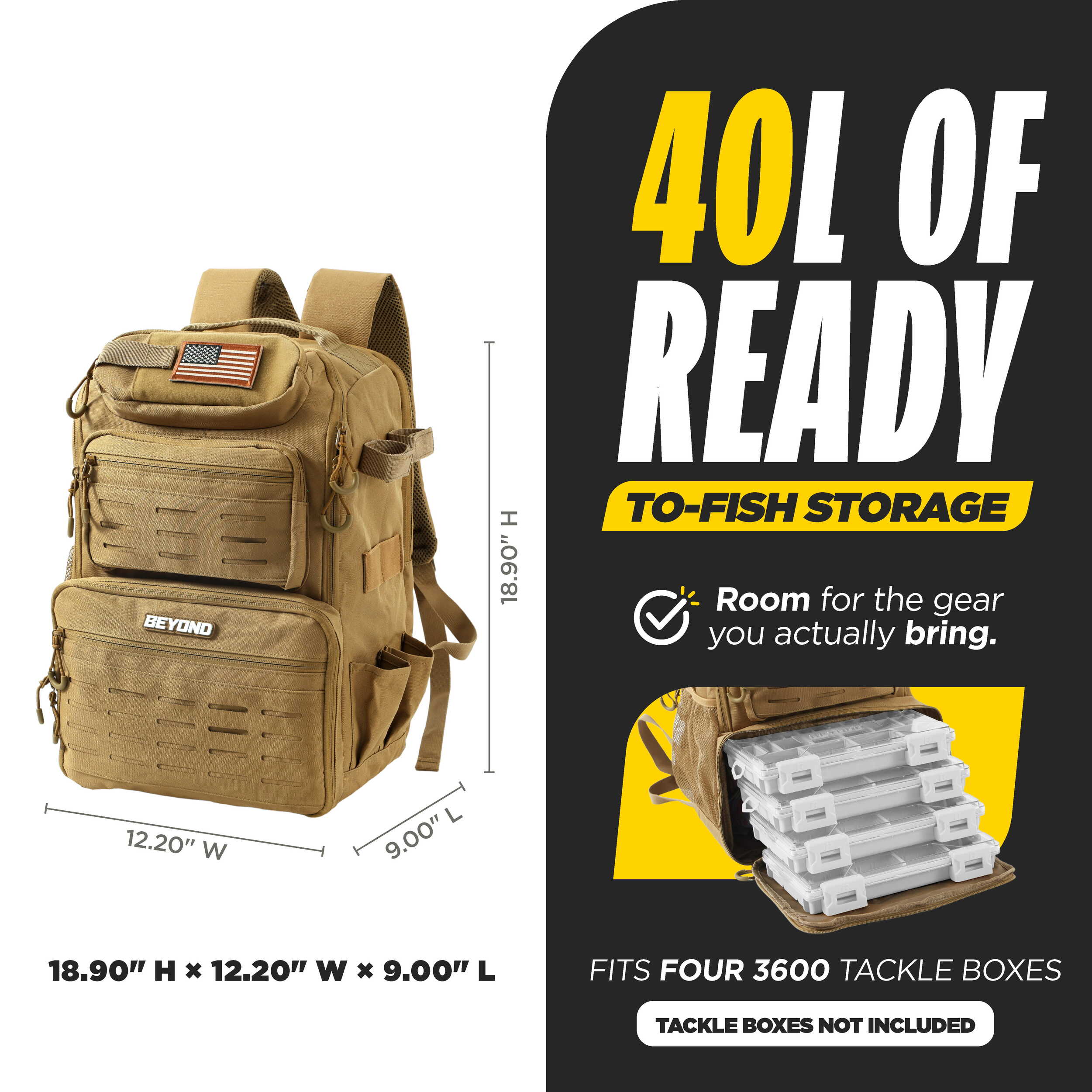 Beyond Fishing Tackle Backpack with Rod Holders, 40L Water-Resistant Canvas, MOLLE System & Plier Slot – With or Without 3600 Tackle Boxes, Black or Tan