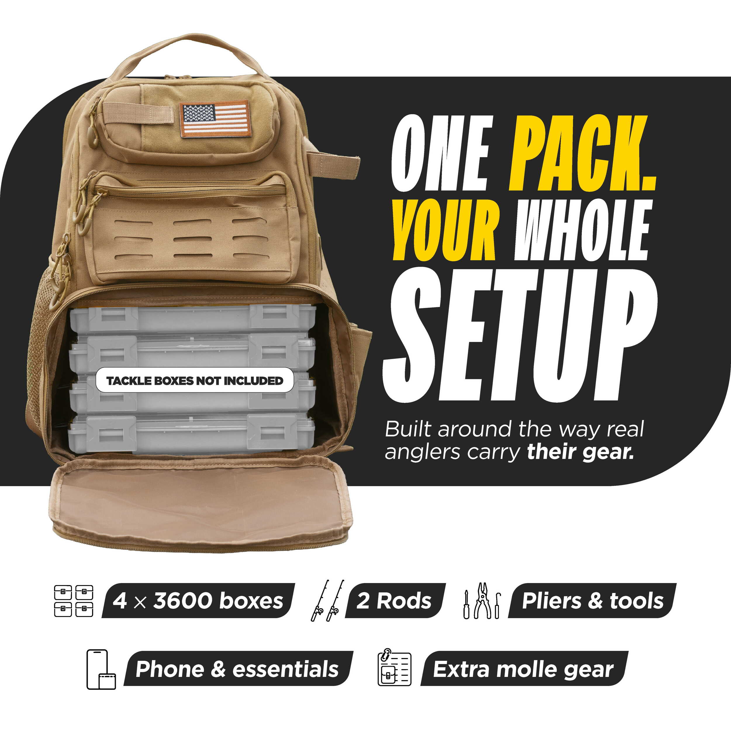 Beyond Fishing Tackle Backpack with Rod Holders, 40L Water-Resistant Canvas, MOLLE System & Plier Slot – With or Without 3600 Tackle Boxes, Black or Tan