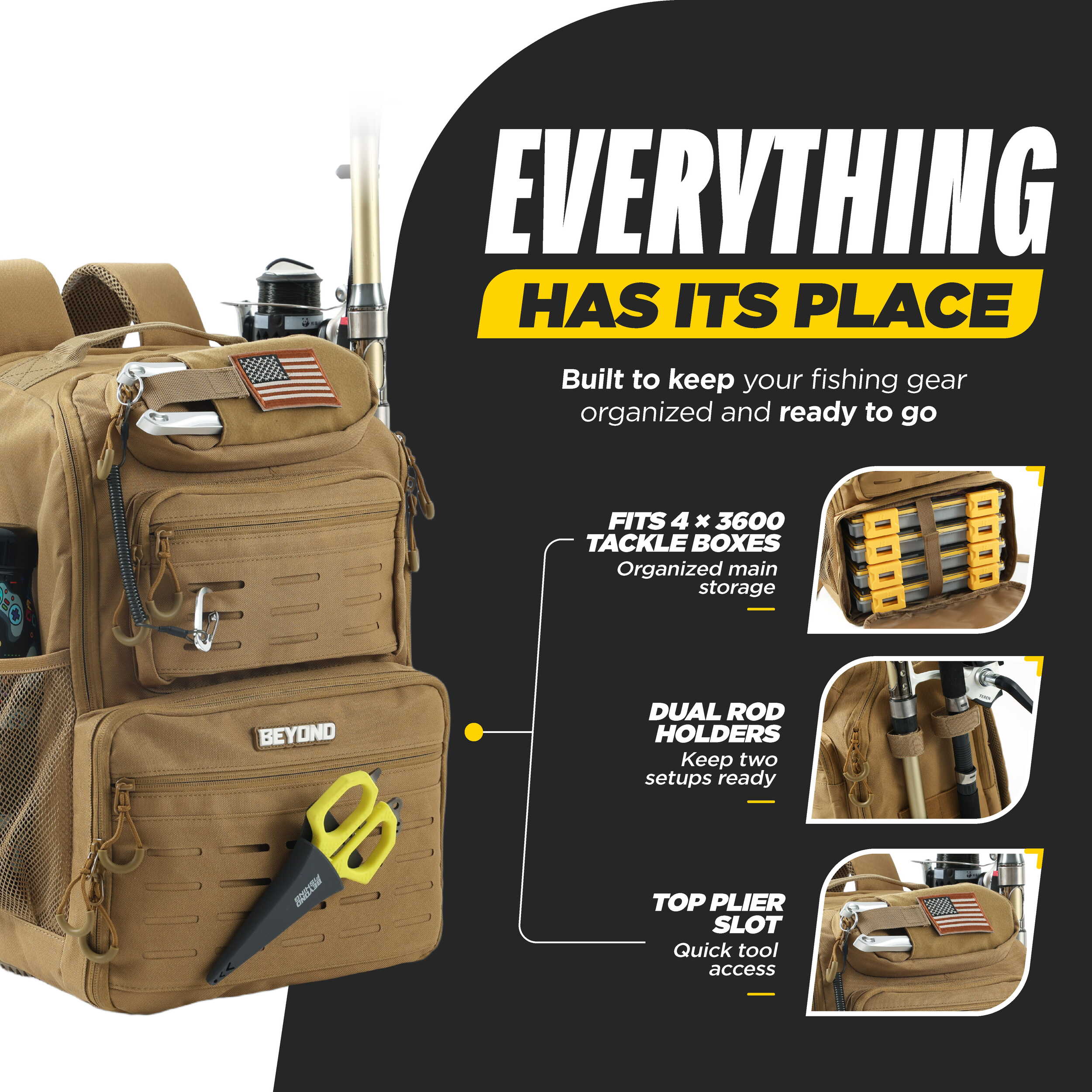 Beyond Fishing Tackle Backpack with Rod Holders, 40L Water-Resistant Canvas, MOLLE System & Plier Slot – With or Without 3600 Tackle Boxes, Black or Tan