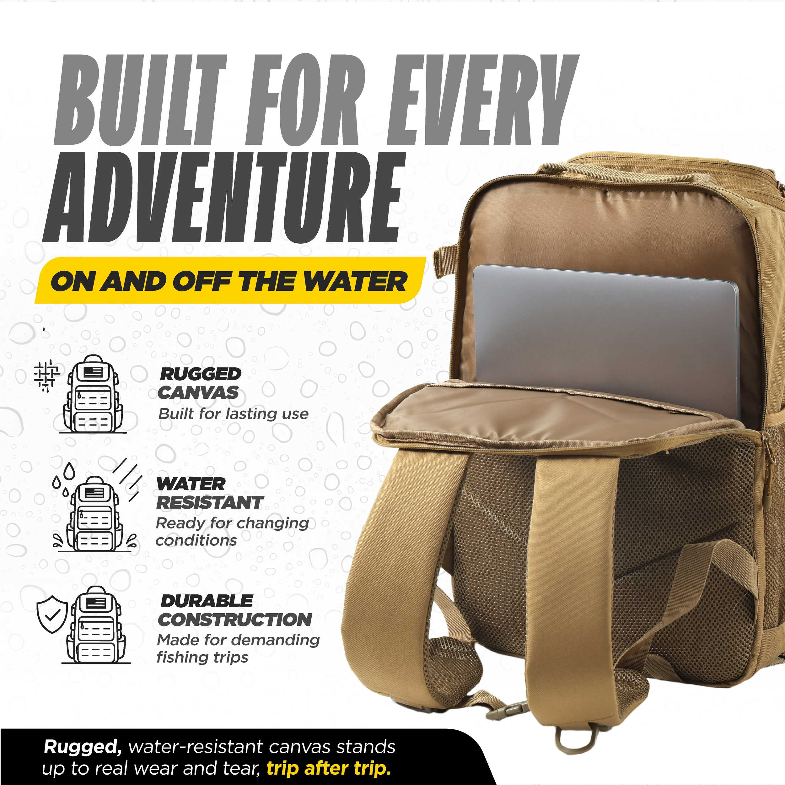 Beyond Fishing Tackle Backpack with Rod Holders, 40L Water-Resistant Canvas, MOLLE System & Plier Slot – With or Without 3600 Tackle Boxes, Black or Tan
