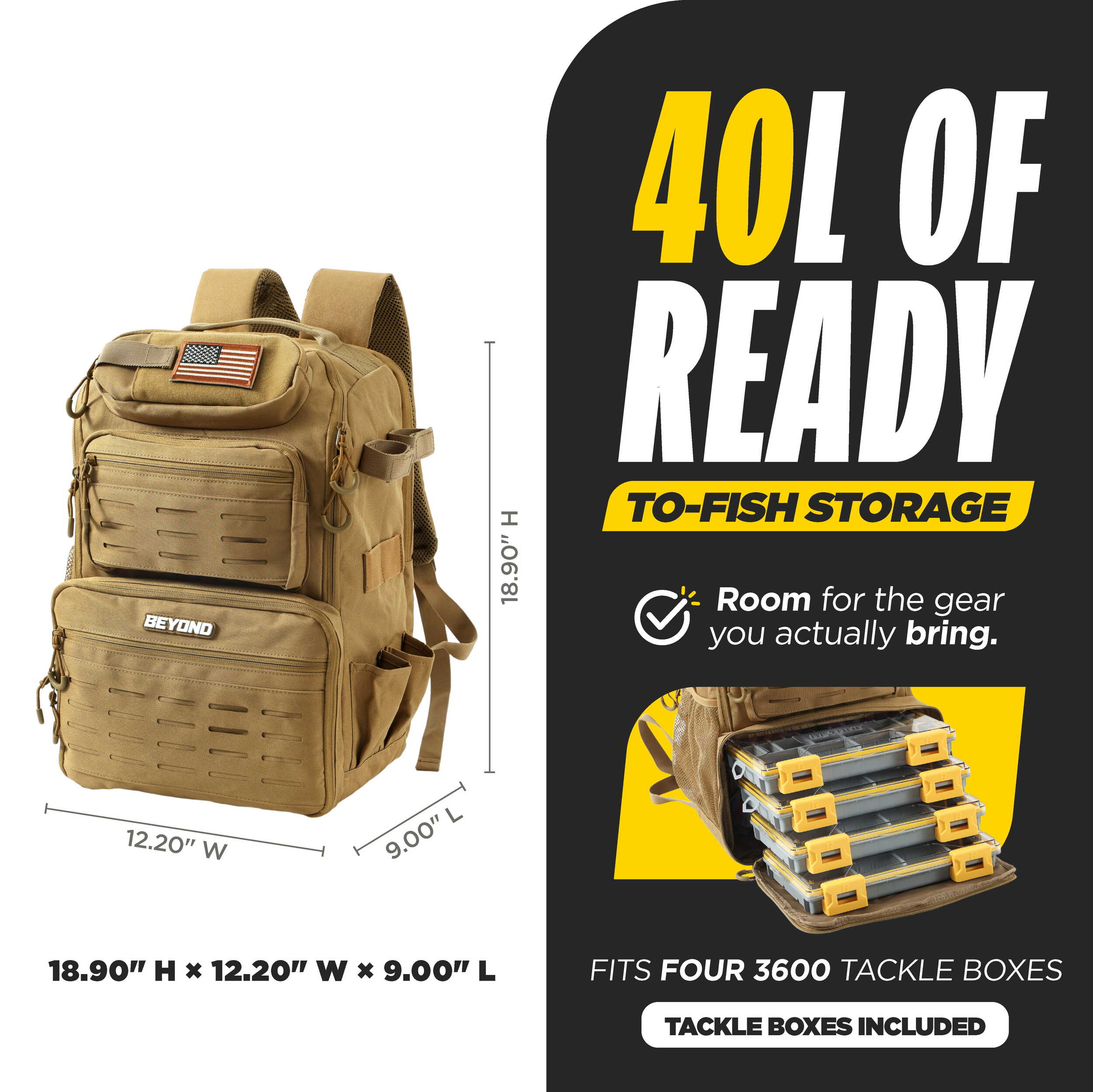 Beyond Fishing Tackle Backpack with Rod Holders, 40L Water-Resistant Canvas, MOLLE System & Plier Slot – With or Without 3600 Tackle Boxes, Black or Tan
