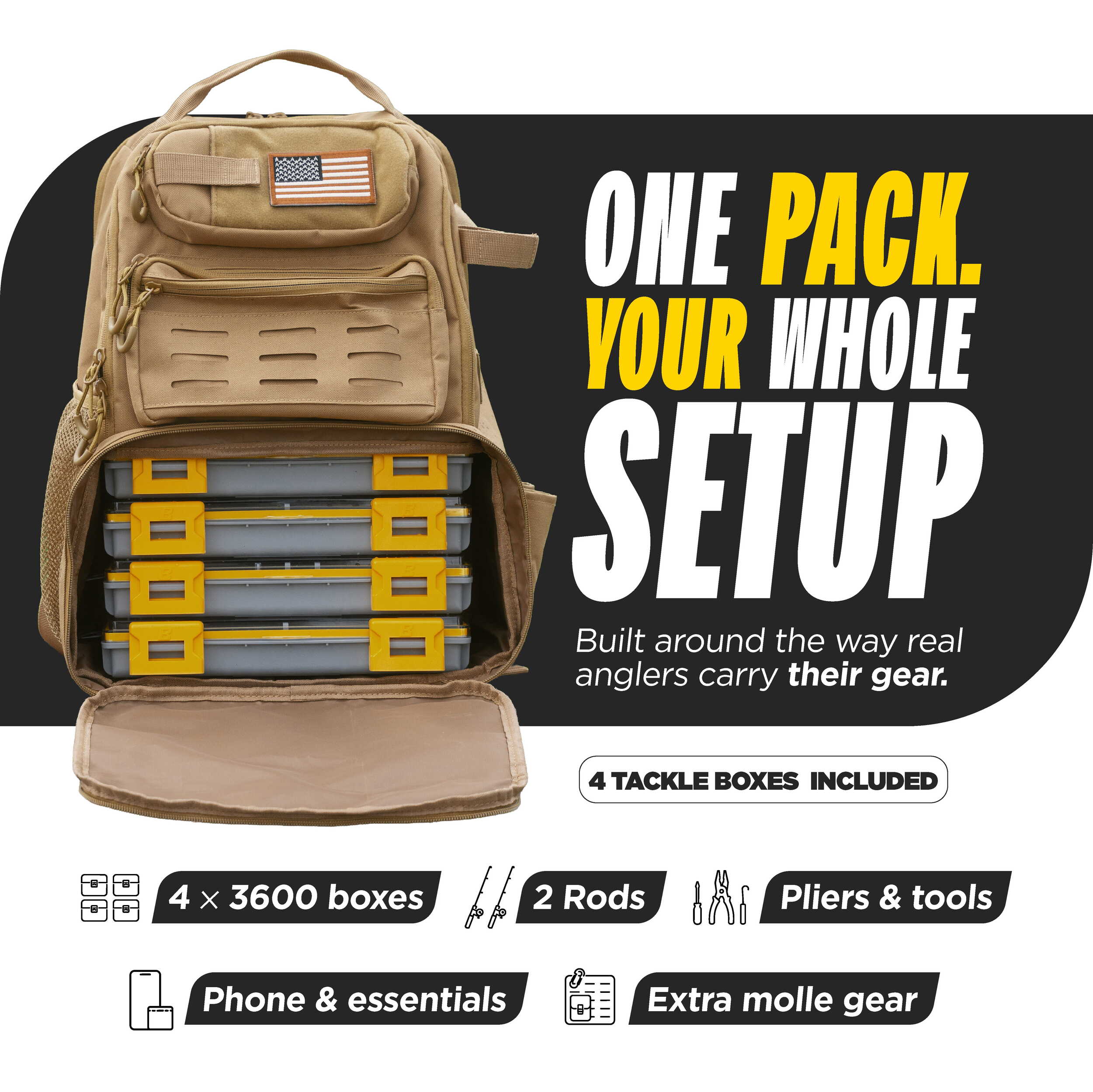 Beyond Fishing Tackle Backpack with Rod Holders, 40L Water-Resistant Canvas, MOLLE System & Plier Slot – With or Without 3600 Tackle Boxes, Black or Tan