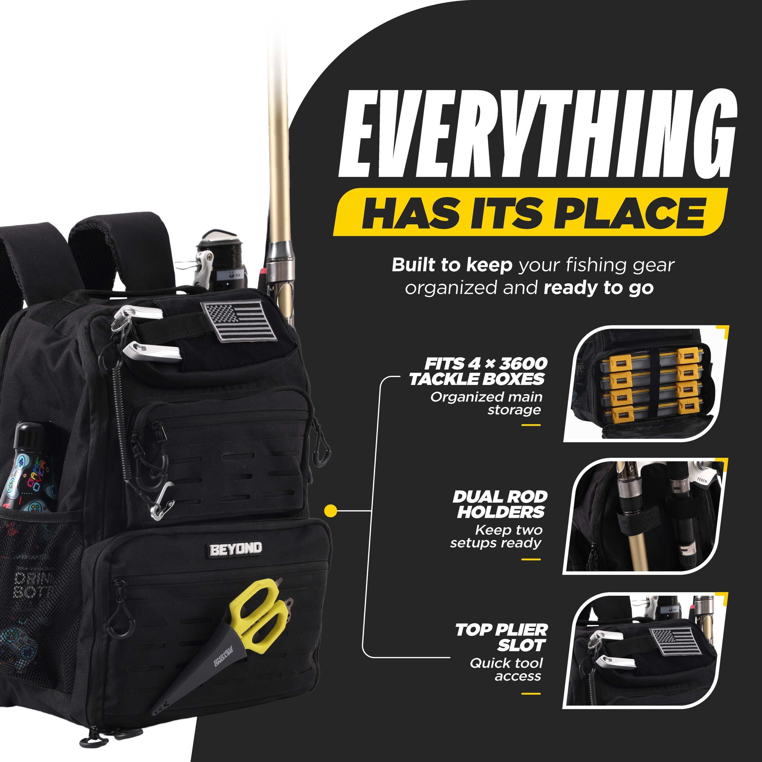 Beyond Fishing Tackle Backpack with Rod Holders, 40L Water-Resistant Canvas, MOLLE System & Plier Slot – With or Without 3600 Tackle Boxes, Black or Tan