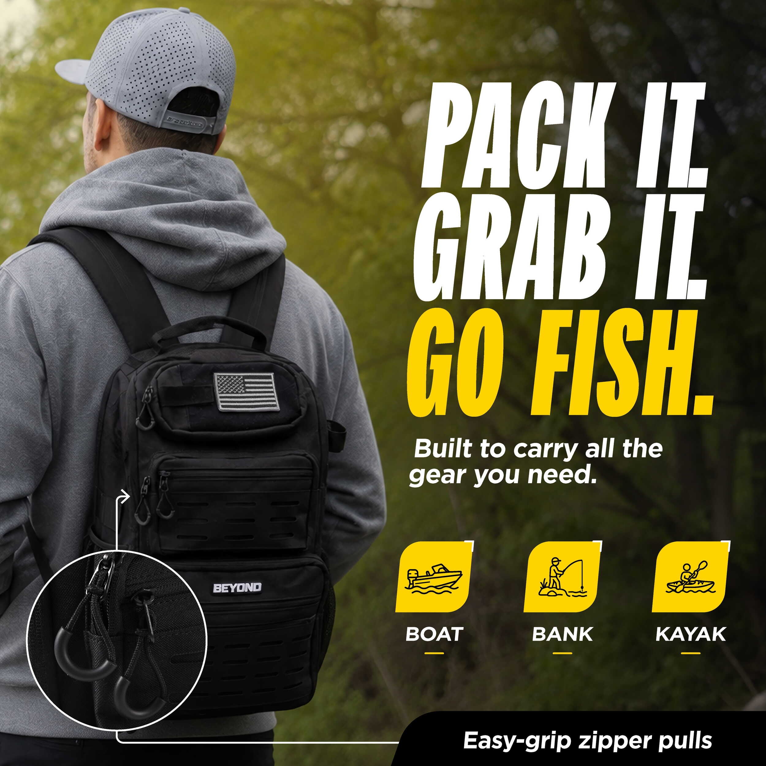 Beyond Fishing Tackle Backpack with Rod Holders, 40L Water-Resistant Canvas, MOLLE System & Plier Slot – With or Without 3600 Tackle Boxes, Black or Tan