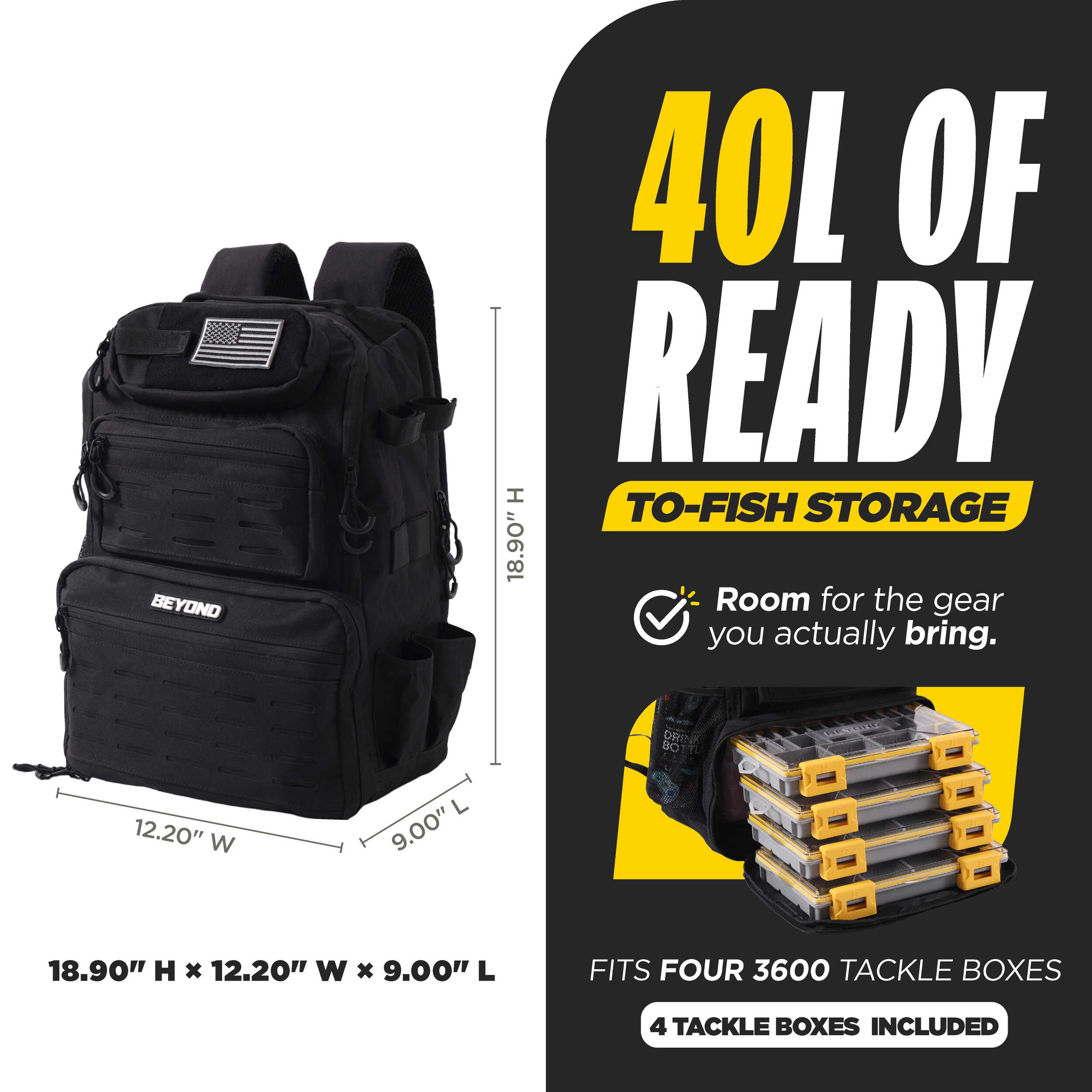 Beyond Fishing Tackle Backpack with Rod Holders, 40L Water-Resistant Canvas, MOLLE System & Plier Slot – With or Without 3600 Tackle Boxes, Black or Tan