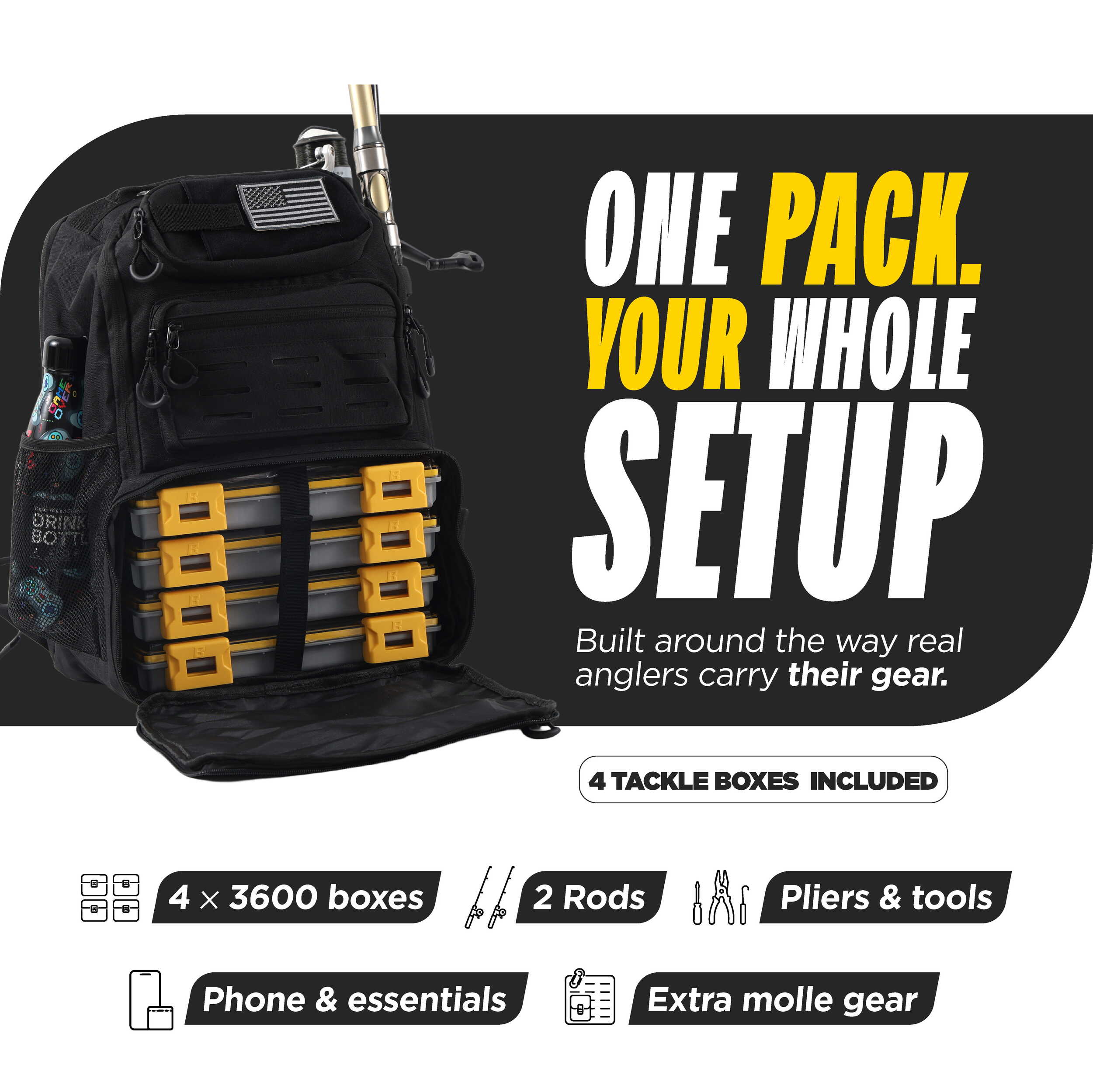 Beyond Fishing Tackle Backpack with Rod Holders, 40L Water-Resistant Canvas, MOLLE System & Plier Slot – With or Without 3600 Tackle Boxes, Black or Tan