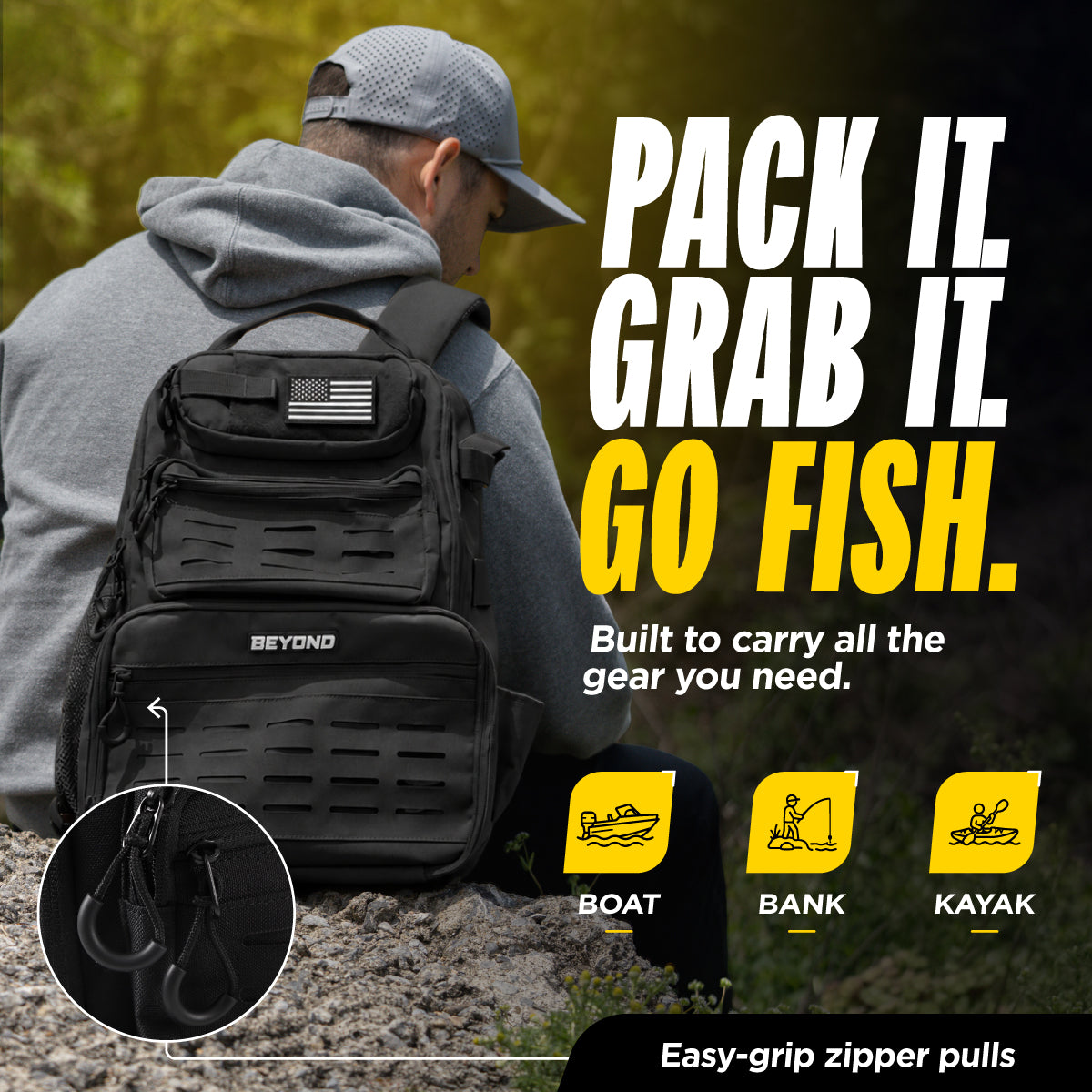 Beyond Fishing Tackle Backpack with Rod Holders, 40L Water-Resistant Canvas, MOLLE System & Plier Slot – With or Without 3600 Tackle Boxes, Black or Tan