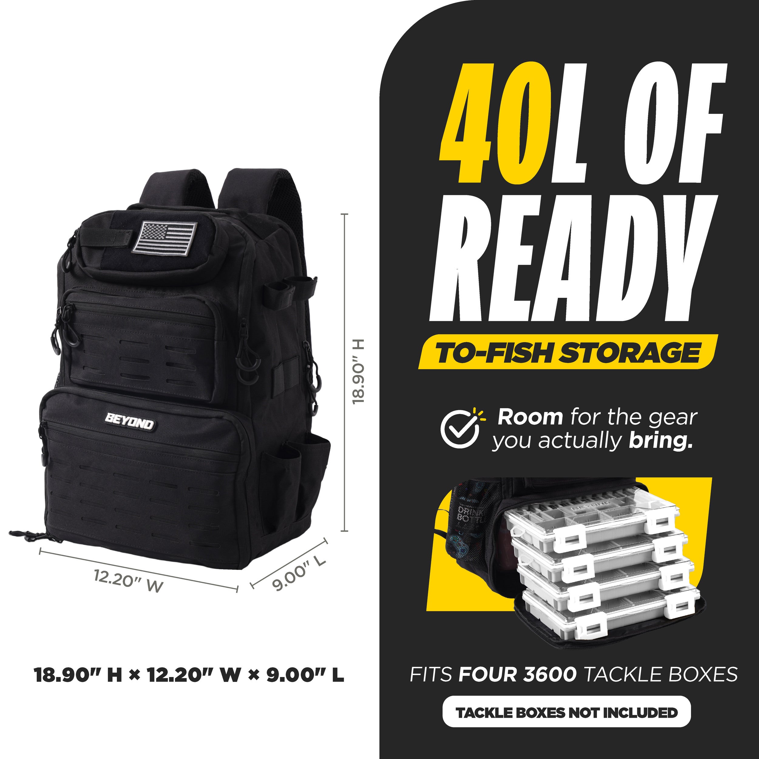 Beyond Fishing Tackle Backpack with Rod Holders, 40L Water-Resistant Canvas, MOLLE System & Plier Slot – With or Without 3600 Tackle Boxes, Black or Tan