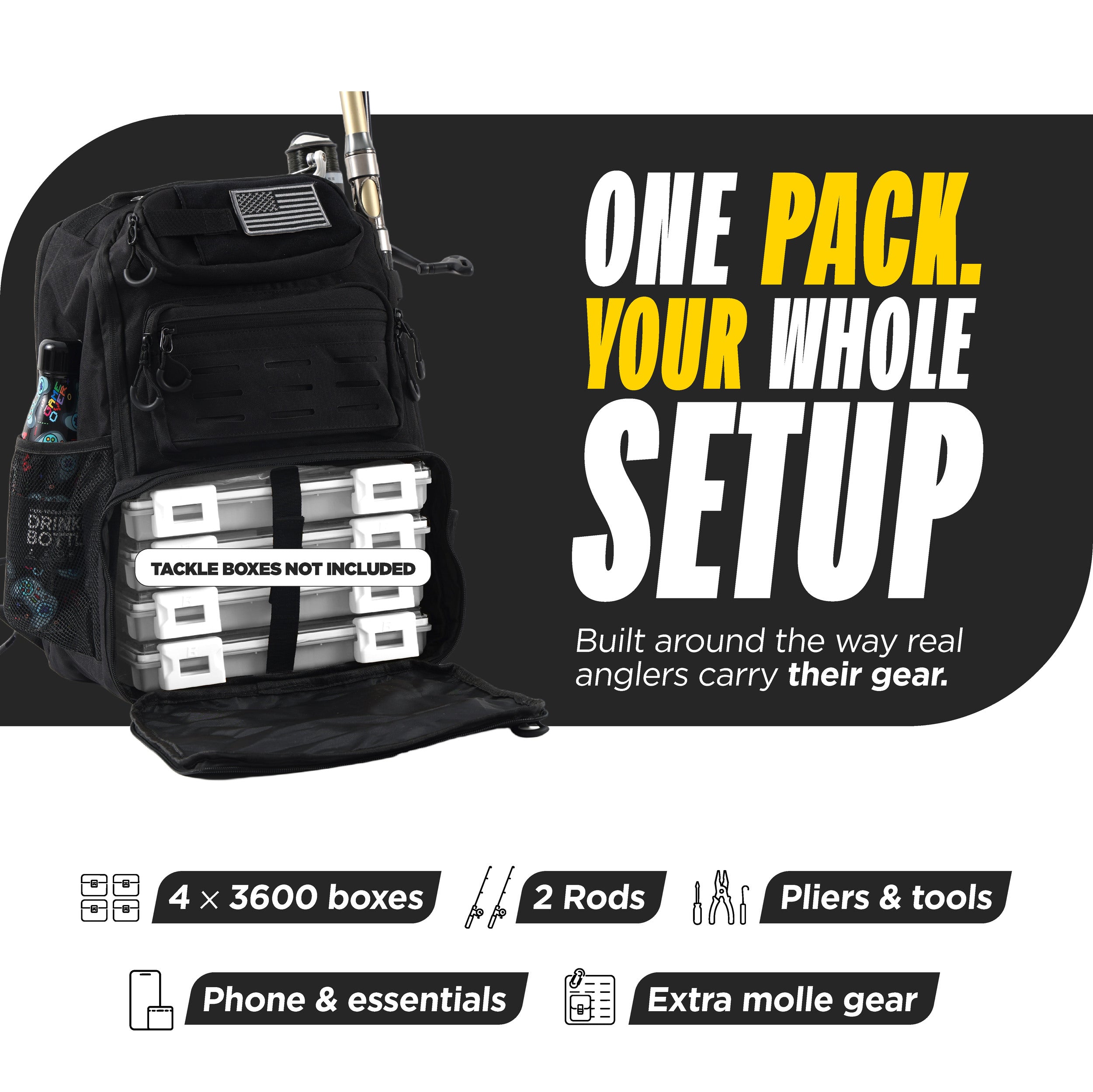 Beyond Fishing Tackle Backpack with Rod Holders, 40L Water-Resistant Canvas, MOLLE System & Plier Slot – With or Without 3600 Tackle Boxes, Black or Tan