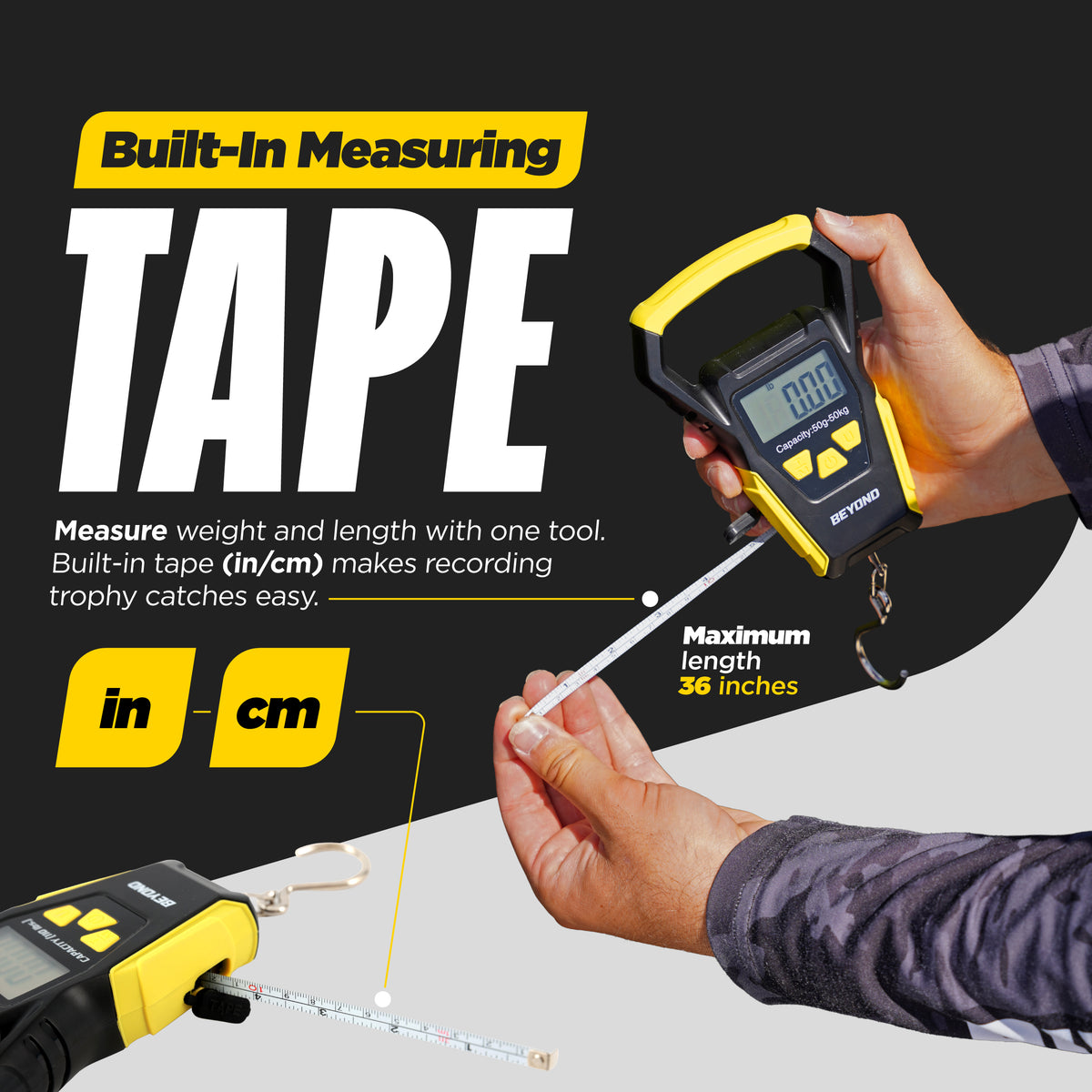 Beyond Fishing Digital Scale with Built-In Tape Measure – Weighs Up to 110lbs